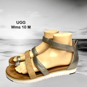 UGG Australia Womens Zina Gray Gold Leather Back Zip Gladiator Sandal Size 10 M